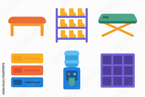 Colorful office icons set: water cooler, shelf, ironing board, bench, filing, grid
