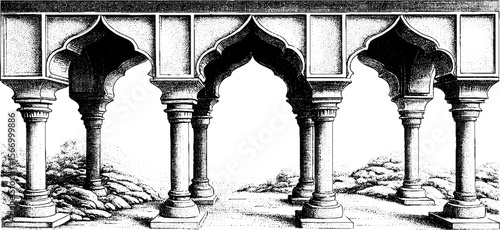 Timeless corridor of mirrors with endless arches sketch