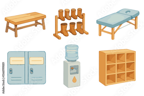 Wellness center items illustration: bench, socks, massage table, locker, water cooler, storage