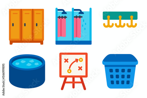 Gym locker room elements: lockers, showers, hooks, hot tub, strategy board, laundry basket