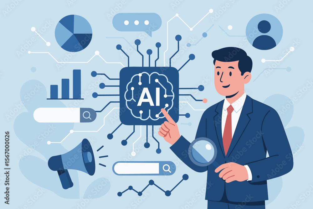 AI marketing concept. Businessman uses artificial intelligence and machine learning for data analysis, customer search and digital strategy. Technology software for network optimization. AI marketing concept. Businessman uses artificial intelligence and machine learning for data analysis, customer search and digital strategy. Technology software for network optimization.