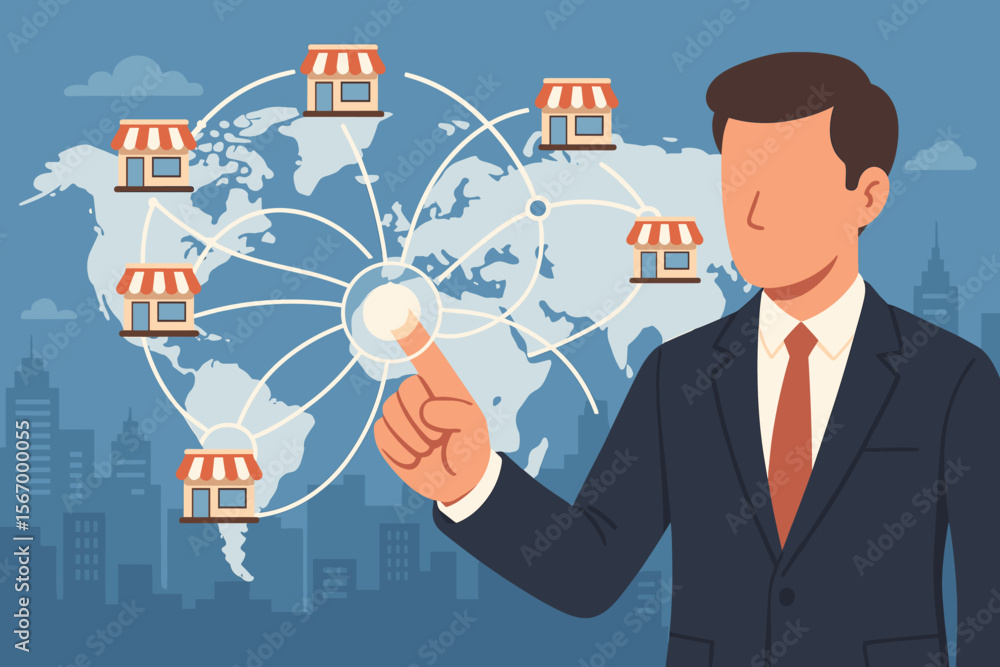 Businessman managing a global franchise network. Concept for international chain store business, marketing, and expansion strategy. Hand pointing at world map connections. Vector. Businessman managing a global franchise network. Concept for international chain store business, marketing, and expansion strategy. Hand pointing at world map connections. Vector.