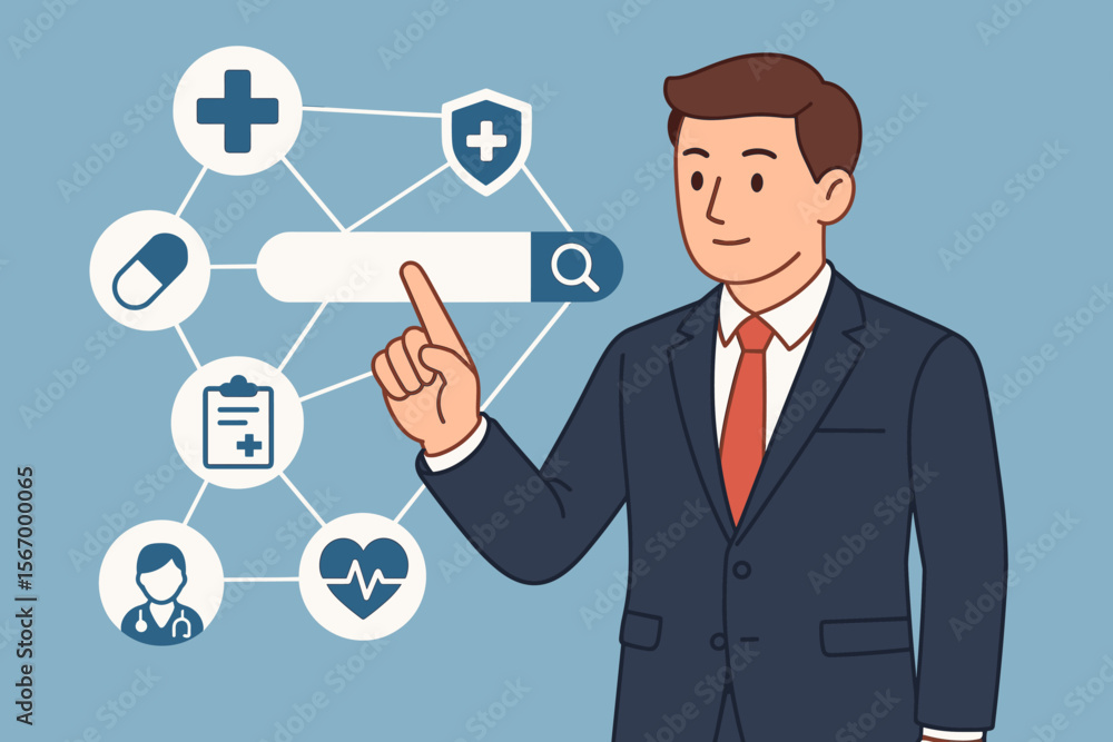 Businessman searching online for healthcare and medical insurance. Man using a digital network to find a doctor, hospital, and medicine. Health technology and telemedicine concept vector. Businessman searching online for healthcare and medical insurance. Man using a digital network to find a doctor, hospital, and medicine. Health technology and telemedicine concept vector.