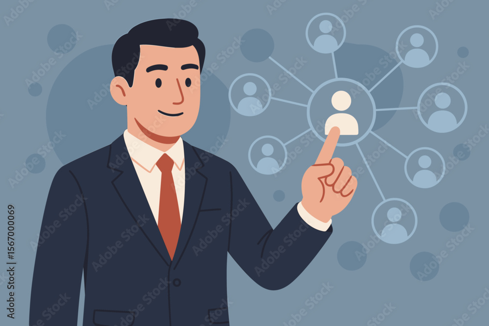 Businessman managing a digital people network. Human resources, HR management, and recruitment concept. Team building, leadership, talent acquisition, and organizational structure. Businessman managing a digital people network. Human resources, HR management, and recruitment concept. Team building, leadership, talent acquisition, and organizational structure.