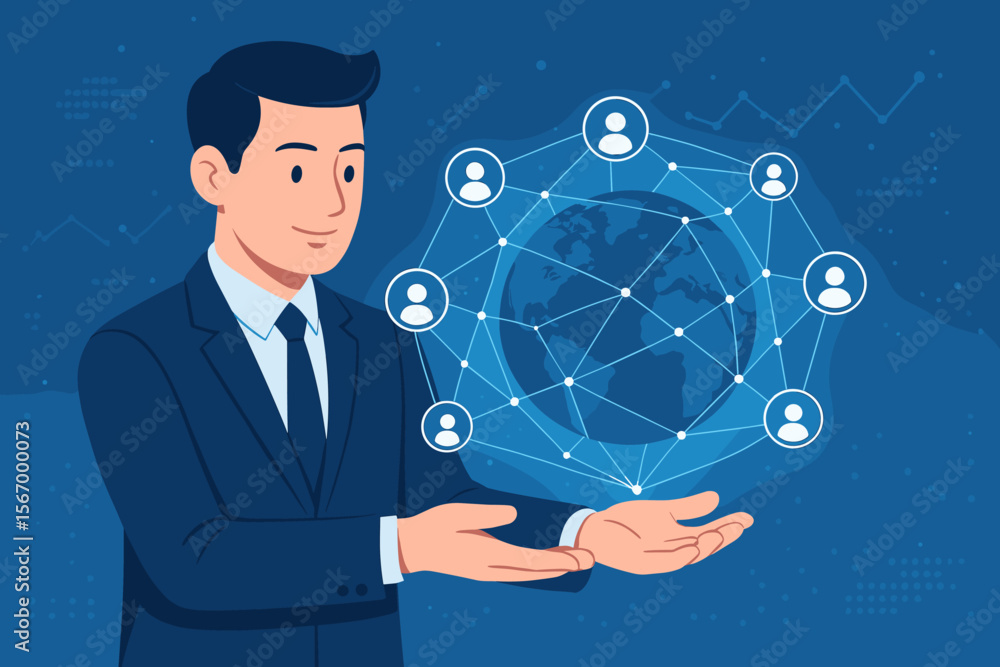 Businessman holding a global business network and data connection. Social network, digital marketing, customer retention, CRM, and worldwide communication technology concept. Vector. Businessman holding a global business network and data connection. Social network, digital marketing, customer retention, CRM, and worldwide communication technology concept. Vector.