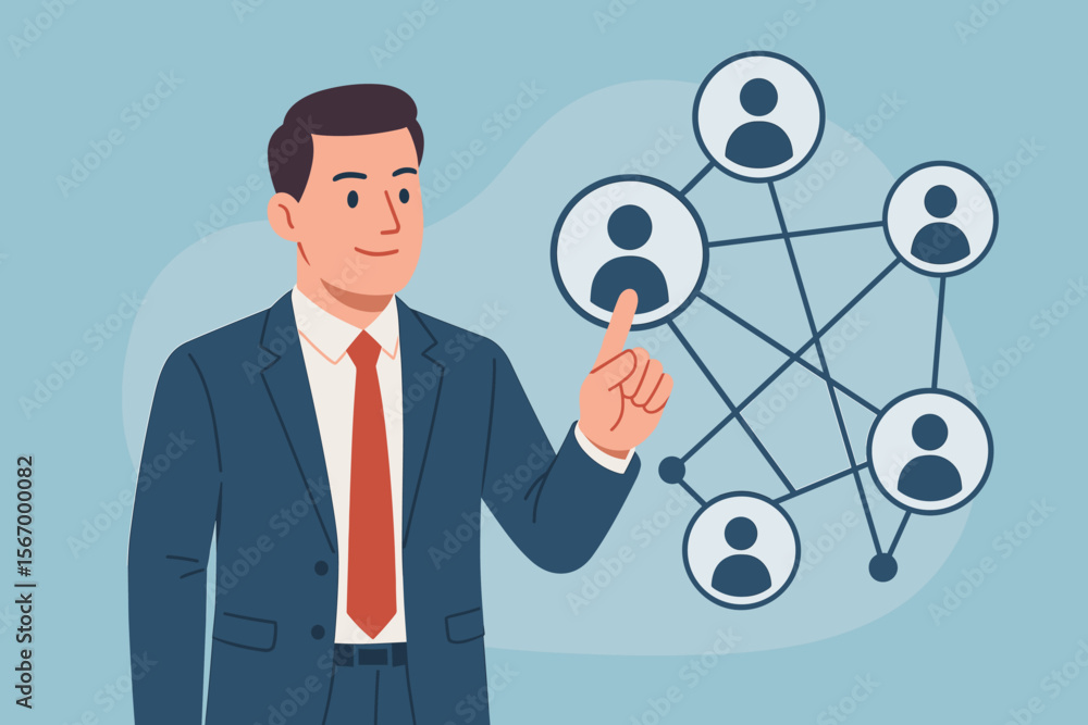 Businessman touching circle of network structure. HR, Human Resources management concept. Recruitment, team building, leadership, and organization. Modern flat vector illustration. Businessman touching circle of network structure. HR, Human Resources management concept. Recruitment, team building, leadership, and organization. Modern flat vector illustration.
