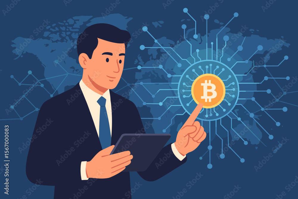 Businessman with tablet touching Bitcoin icon. Cryptocurrency trading and blockchain network concept. Global fintech investment, digital money and finance technology vector illustration. Businessman with tablet touching Bitcoin icon. Cryptocurrency trading and blockchain network concept. Global fintech investment, digital money and finance technology vector illustration.