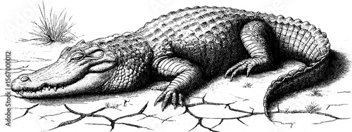 Vintage illustration of crocodile sunbathing beside cracked riverbed for nature and wildlife design