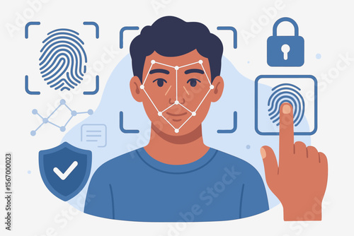Biometric authentication security concept with face recognition and fingerprint identification. Digital access control system, cybersecurity, and personal data protection flat vector illustration.