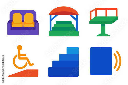 Accessibility icons set: couch, ramp, stairs, wheelchair, platform, sound
