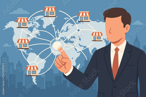Businessman managing a global franchise network. Concept for international chain store business, marketing, and expansion strategy. Hand pointing at world map connections. Vector.