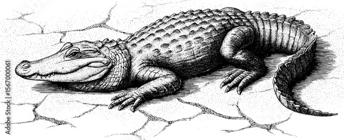 Vintage crocodile sunbathing on cracked riverbed illustration - hand drawn engraving