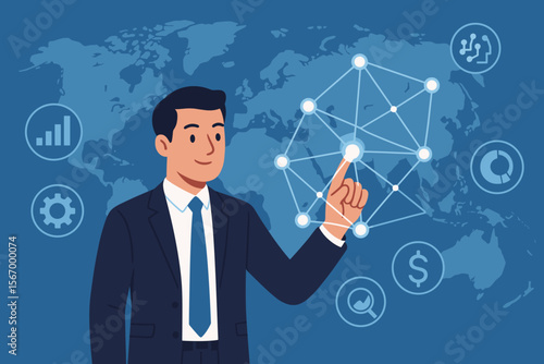 Businessman touching global network connection. Concept of business intelligence, data science, digital marketing, and finance. AI technology, data exchange, and analytics on world map.