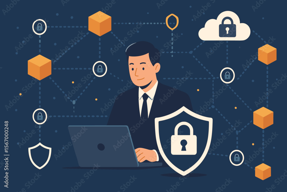 Cybersecurity concept of a businessman at a laptop protecting a digital network. Vector illustration of cloud data security, blockchain technology, privacy, and financial encryption. Cybersecurity concept of a businessman at a laptop protecting a digital network. Vector illustration of cloud data security, blockchain technology, privacy, and financial encryption.