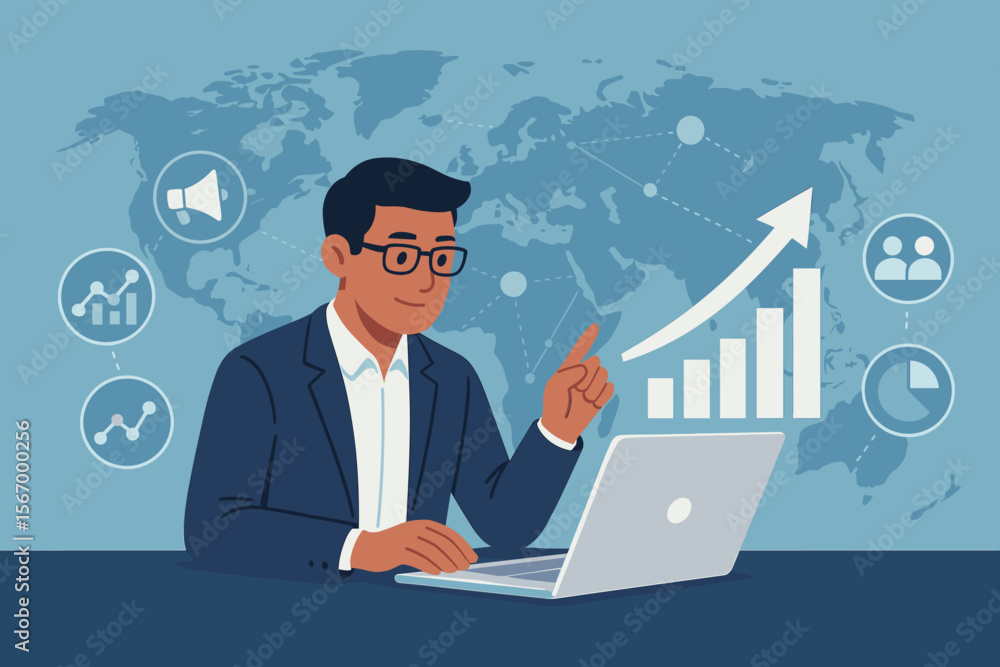 Businessman analyzing sales data on a laptop for global economic growth. Digital online marketing strategy and business planning concept with world map and financial chart icons. Businessman analyzing sales data on a laptop for global economic growth. Digital online marketing strategy and business planning concept with world map and financial chart icons.