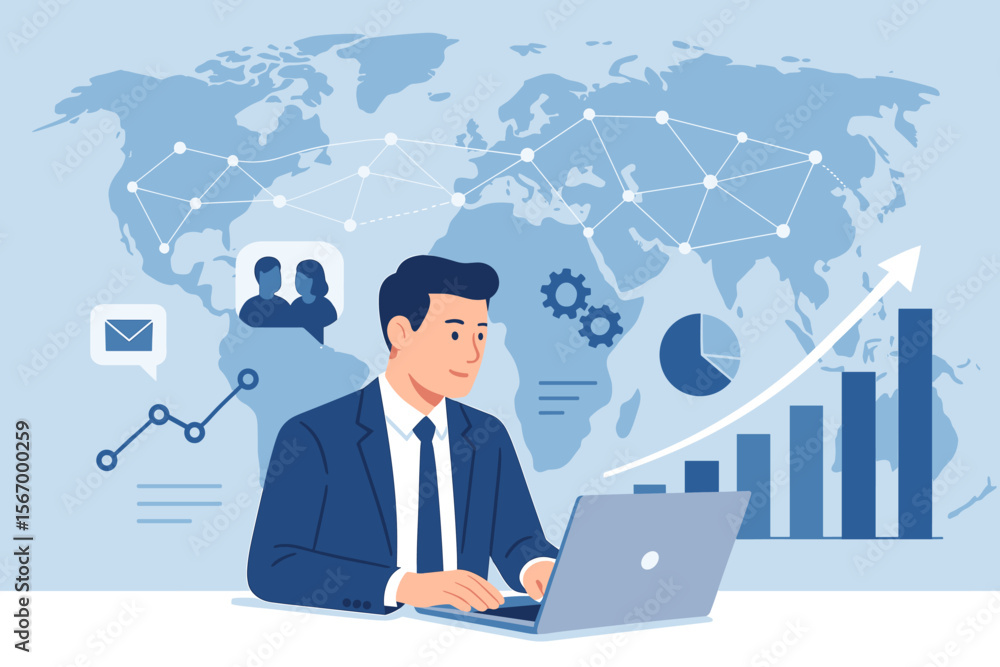 Global Digital Business Network: Businessman Using Laptop for Online Marketing and Sales Data Analysis, Driving Economic Growth with Strategic Planning and Data Visualization Global Digital Business Network: Businessman Using Laptop for Online Marketing and Sales Data Analysis, Driving Economic Growth with Strategic Planning and Data Visualization