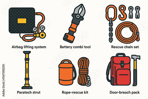 Emergency rescue tools set with airbag system, battery tool, rescue chain, paratech strut, rope kit, and door-breach pack