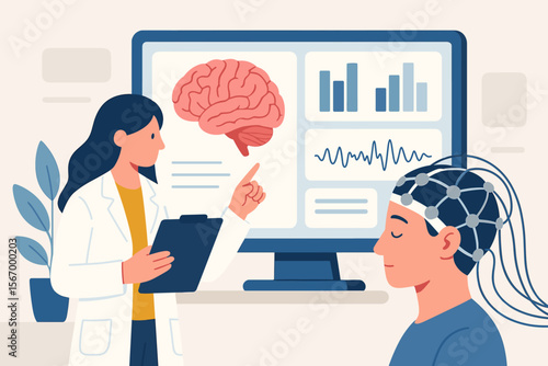Doctor checking brain testing results with simulator interface. Neurologist, patient, medical diagnosis, neuroscience. Modern flat vector cartoon illustration.