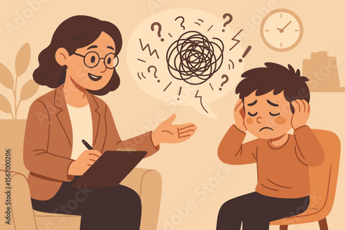 Child psychologist helps sad boy with tangled thoughts. Concept of kids therapy, mental health support, anxiety, depression, and counseling. Psychotherapy session vector illustration.