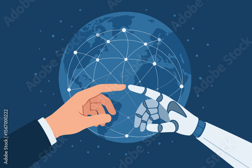 AI concept with robot and human hands touching. Artificial intelligence, machine learning. Global data network background. Future technology, cyber innovation, business collaboration.