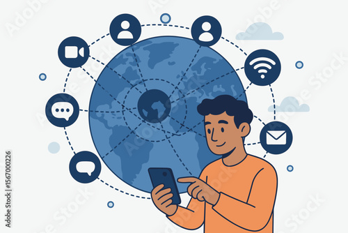 Global communication and social media network concept. Man using smartphone for worldwide connection with internet technology. Digital online community with icons. Flat vector illustration.