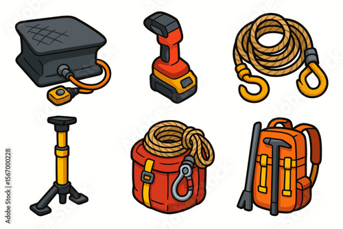 Set of cartoon tools: heavy-duty tools and equipment icons