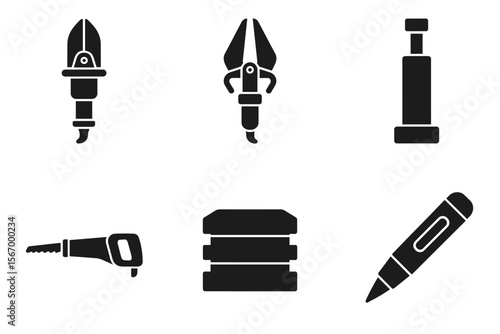 Black silhouette icons of tools and objects including drill and pen
