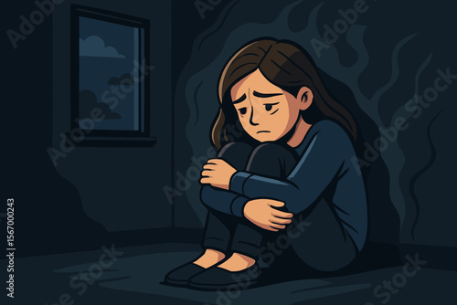 Sad depressed young woman sitting alone in a dark room feeling anxious. Mental health concept of depression, loneliness, social isolation, stress, and psychological problems. Vector.