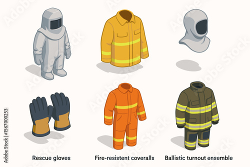 Firefighter gear: rescue gloves, fire-resistant coveralls, ballistic turnout ensemble