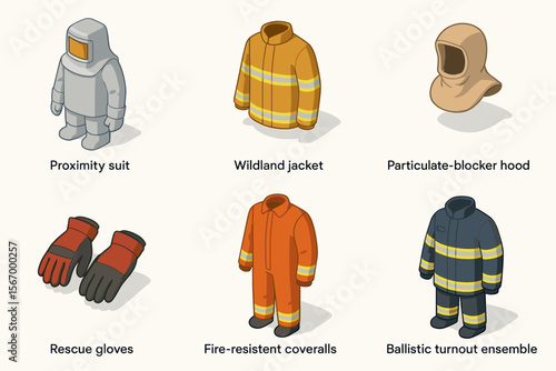 Firefighting gear icons - proximity suit, wildland jacket, hood, rescue gloves, coveralls, turnout ensemble