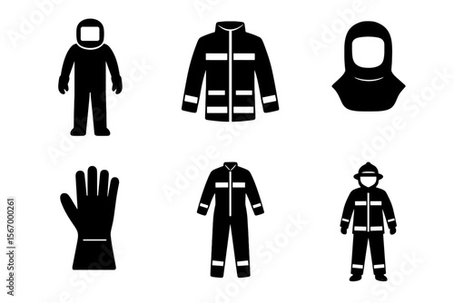 Firefighter equipment icons set - suit, jacket, helmet, gloves, hood