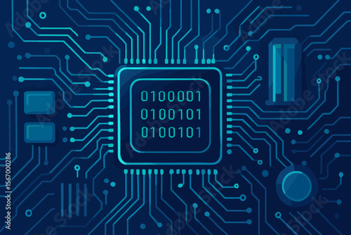 Futuristic electronic circuit board with a glowing CPU processing binary data. Abstract computer hardware and technology mainboard. Digital server code concept. Tech vector illustration.