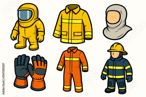 Protective gear set: hazmat suit, firefighter uniforms, hood, gloves, helmet illustration