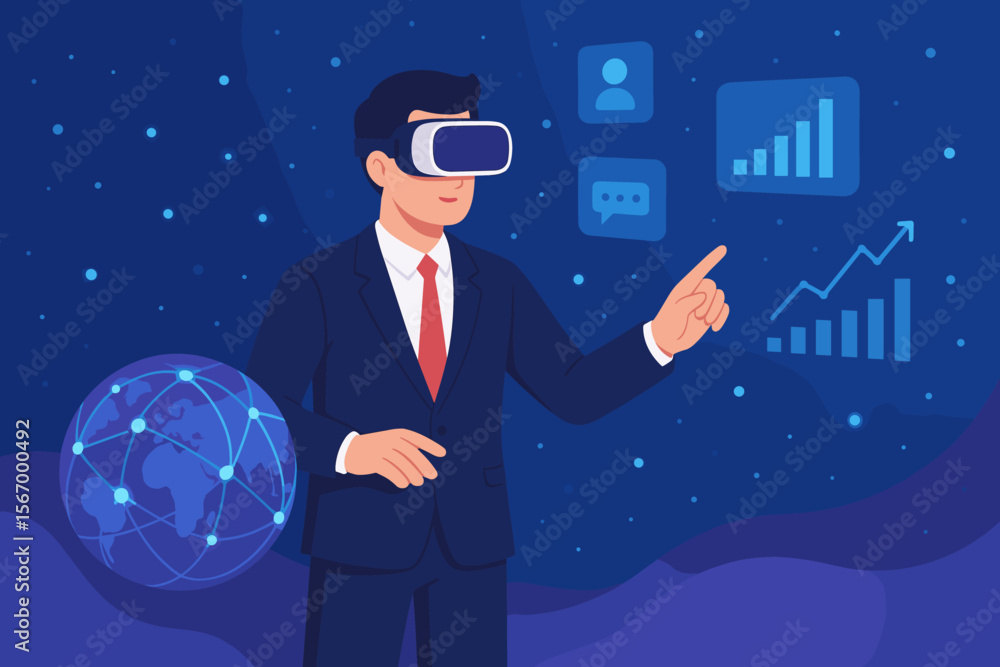 Businessman Using VR Headset in Metaverse for Future Business Analytics, Virtual Reality Technology, Augmented Data Visualization, Global Network, Digital Transformation, Growth Charts Businessman Using VR Headset in Metaverse for Future Business Analytics, Virtual Reality Technology, Augmented Data Visualization, Global Network, Digital Transformation, Growth Charts