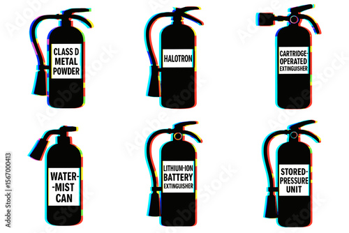 Fire extinguishers with text labels displayed in glitch art style