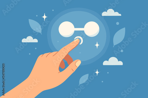 Hand touching glowing connection icon. Concept of digital technology, networking, and cloud computing. Finger pressing symbol for data sharing, innovation, and communication vector.