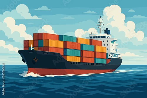 Large cargo container ship transporting freight on the ocean. Vector cartoon illustration for global trade, maritime shipping, import, export, delivery, and logistics business.