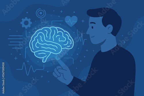 Man Interacting with Virtual Brain Hologram, Innovative Medical Technology, Artificial Intelligence, Neuroscience, Digital Healthcare, Modern Blue Vector Illustration, Science Concept