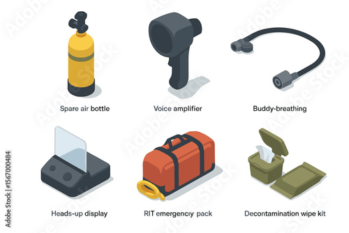Firefighter equipment icons set: air bottle, voice amplifier, emergency pack