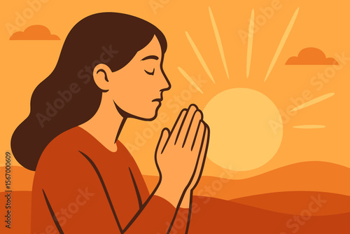 Woman Praying Hands Folded Spiritual Blessing Sunset Background. Faith Hope Worship Meditation. Modern Flat Vector Cartoon. Religion Peaceful Landscape. Mindfulness Gratitude Concept Illustration