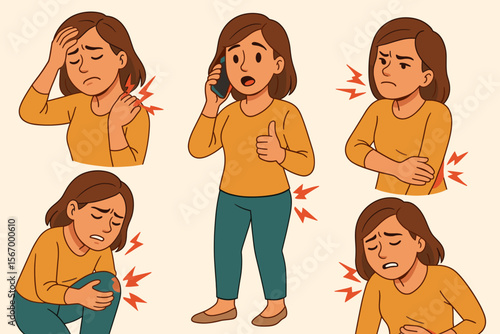 Chronic pain symptoms woman illustration. Cartoon female character experiencing headache, arm pain, knee pain, stomach pain, back pain, seeking medical help. Body aches, health problem concept