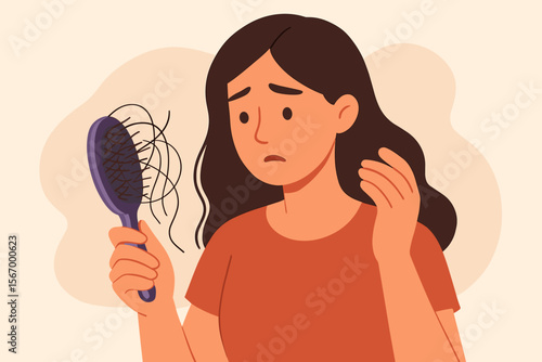 Hair Loss Concept Woman Holding Hairbrush with Fallen Hair. Female Hair Thinning Problem. Alopecia, Stress, Health Issue. Modern Flat Vector Illustration for Medical, Beauty, Dermatology, Trichology