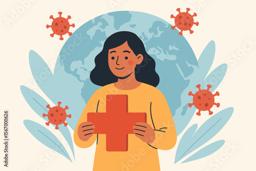 Woman Holding Medical Cross Symbol, Global Healthcare Awareness, Virus Pandemic Prevention, Health Protection Concept, Modern Flat Vector Illustration, World Epidemic Safety Education