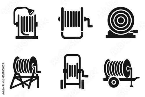 Various black hose reel icons in simple silhouette design