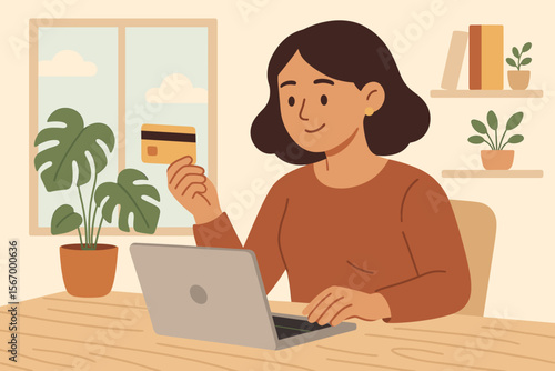 Woman Shopping Online at Home with Laptop and Gold Credit Card, Modern Flat Vector Illustration, E-Commerce Payment, Digital Banking, Remote Work, Cozy Interior, Plants, Bookshelf, Window View