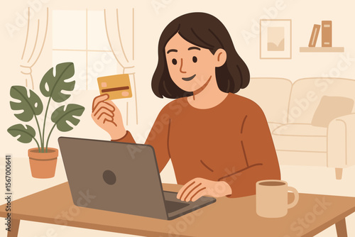 Woman Shopping Online at Home with Gold Credit Card and Laptop, Cozy Living Room, Secure Payment, E-commerce, Digital Banking, Modern Flat Vector Illustration, Remote Work, Coffee Break