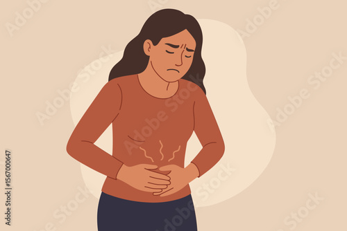 Woman Holding Stomach in Pain Suffering from Abdominal Discomfort, Menstrual Cramps, Gastric Ulcer, Appendicitis, Gastrointestinal Disease, Digestive Health, Healthcare Concept Illustration