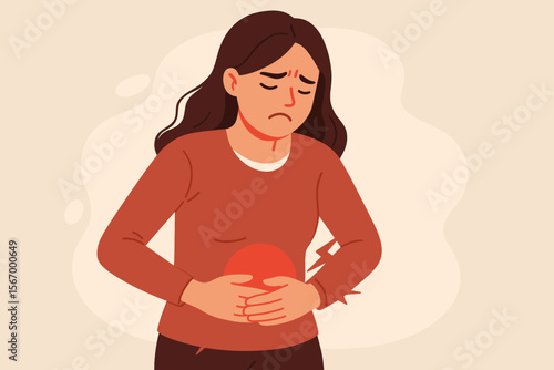 Woman Holding Stomach in Pain Suffering from Stomachache, Menstrual Cramps, Gastric Ulcer, Appendicitis, Gastrointestinal Disease, Digestive Health, Medical Symptom Concept Illustration