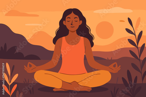 Woman practicing yoga and meditation in serene sunset nature landscape, calm mindfulness, relaxation, wellness, peaceful outdoor meditation, healthy lifestyle illustration