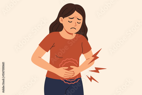 Woman suffering abdominal pain holding stomach. Menstrual cramps, period pain, indigestion, gastric ulcer, appendicitis, gastrointestinal disease. Healthcare, medical symptom, female health concept